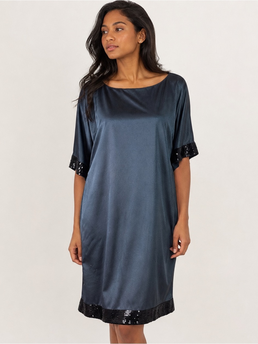 Hailey Shift Dress Womens 10 Gray Sequin‎ Trim Short Sleeve Cocktail Party